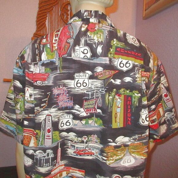 Vtg Pacific Legend Men's Hawaiian Shirt Size L Button Up Route 66 Dinosaur USA - Picture 11 of 12